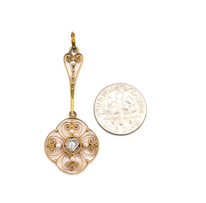 Antique Filigree Diamond & Pearl Pendant in Gold