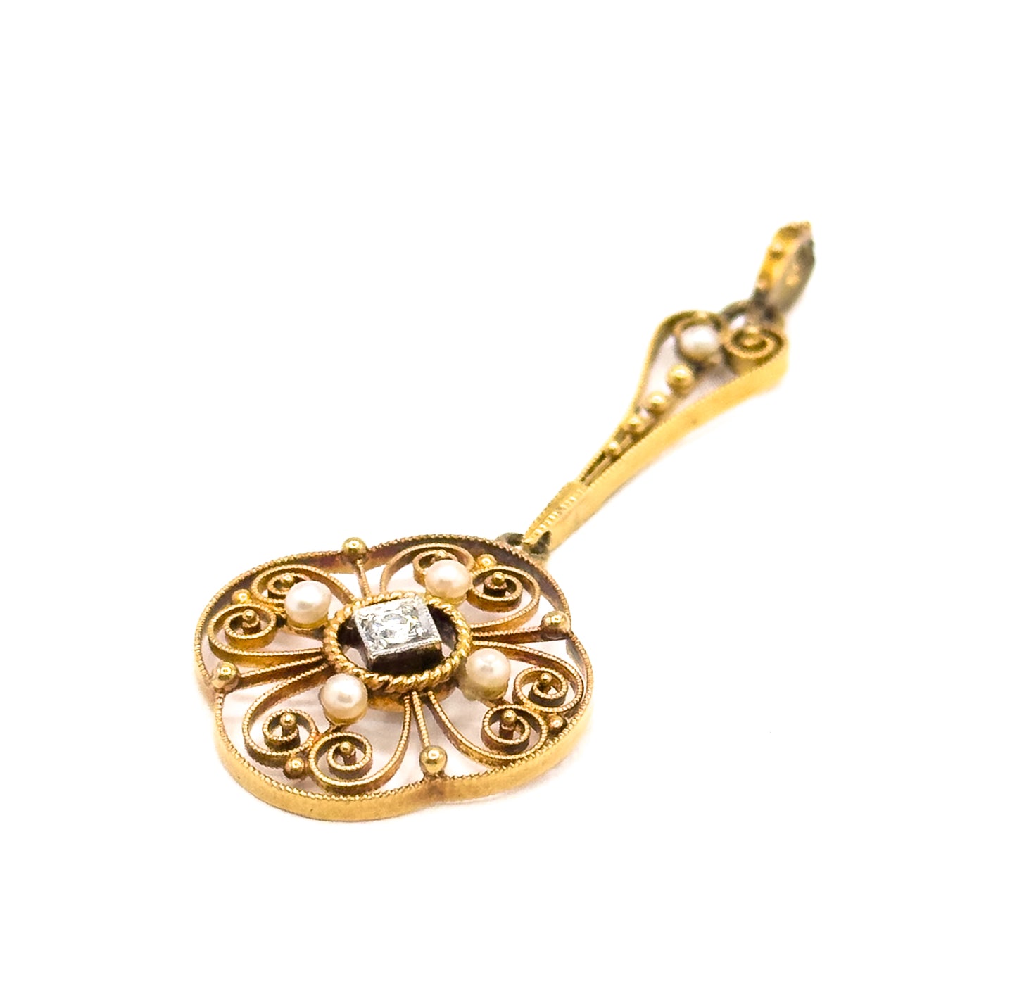 Antique Filigree Diamond & Pearl Pendant in Gold