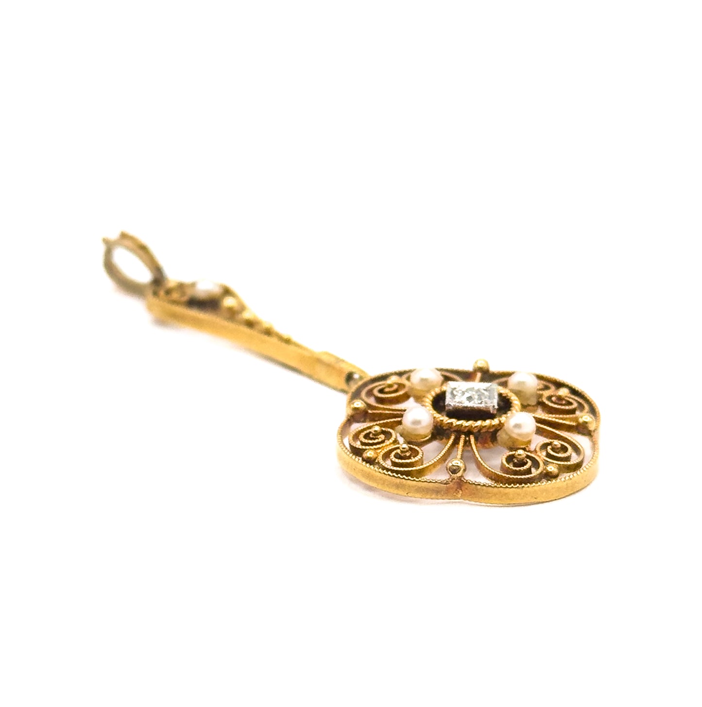 Antique Filigree Diamond & Pearl Pendant in Gold