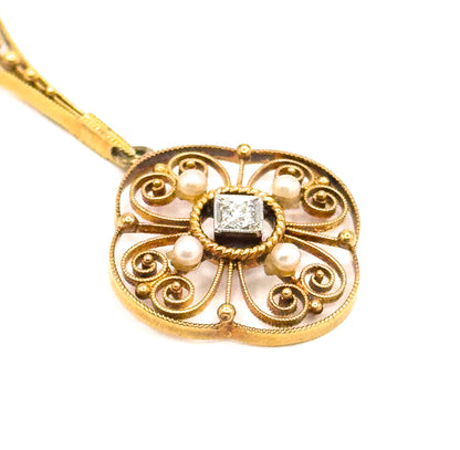 Antique Filigree Diamond & Pearl Pendant in Gold