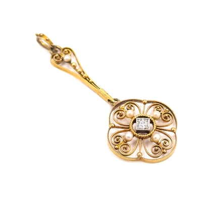 Antique Filigree Diamond & Pearl Pendant in Gold