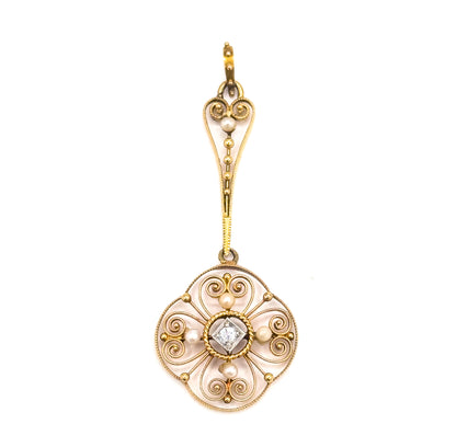 Antique Filigree Diamond & Pearl Pendant in Gold