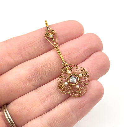 Antique Filigree Diamond & Pearl Pendant in Gold