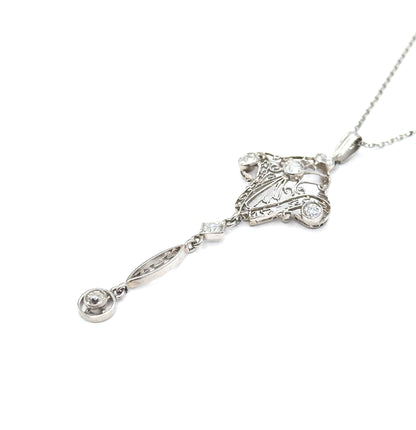 Edwardian Diamond Filigree Pendant Necklace in Platinum