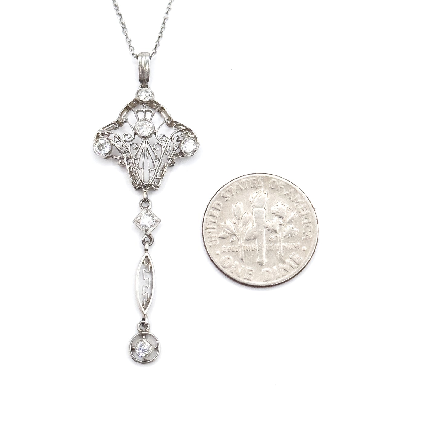 Edwardian Diamond Filigree Pendant Necklace in Platinum
