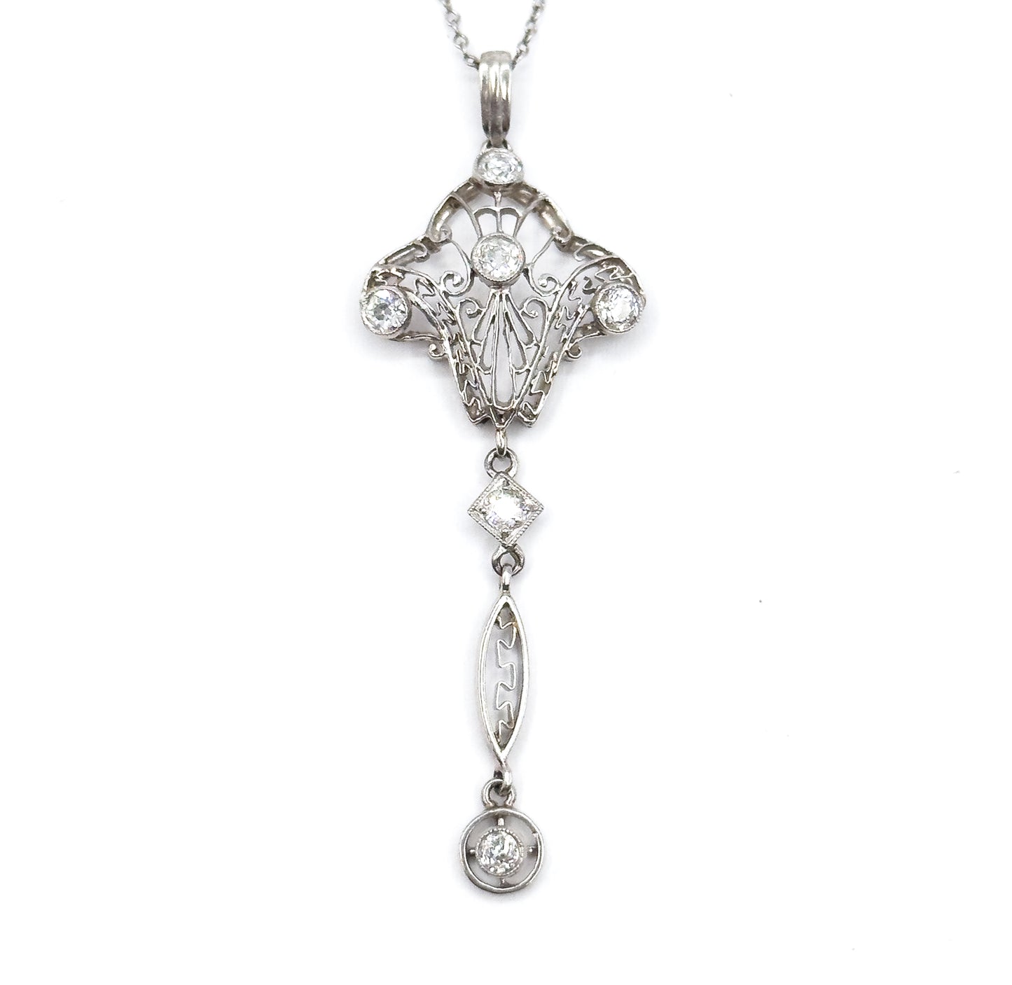 Edwardian Diamond Filigree Pendant Necklace in Platinum