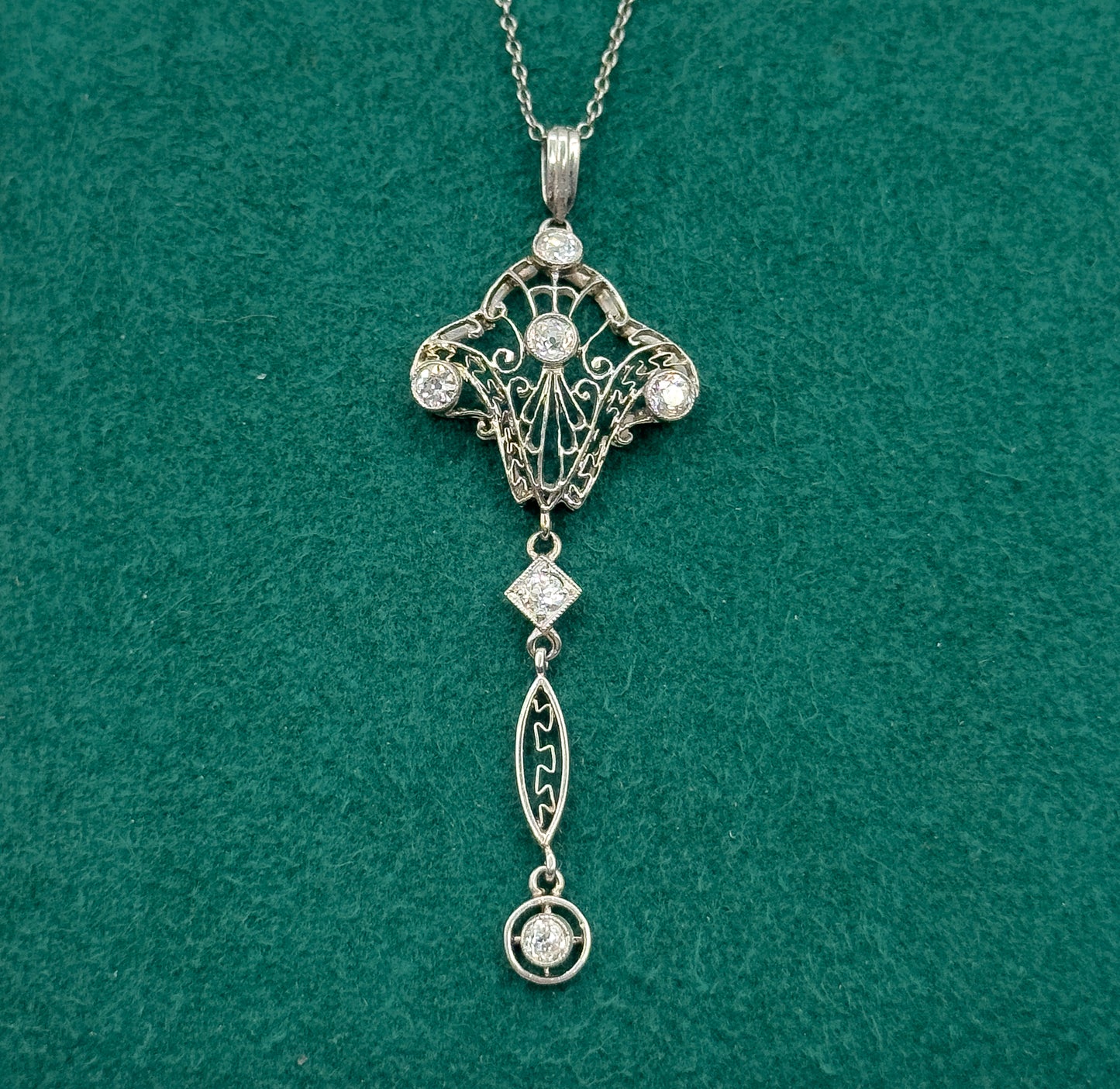 Edwardian Diamond Filigree Pendant Necklace in Platinum
