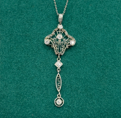 Edwardian Diamond Filigree Pendant Necklace in Platinum