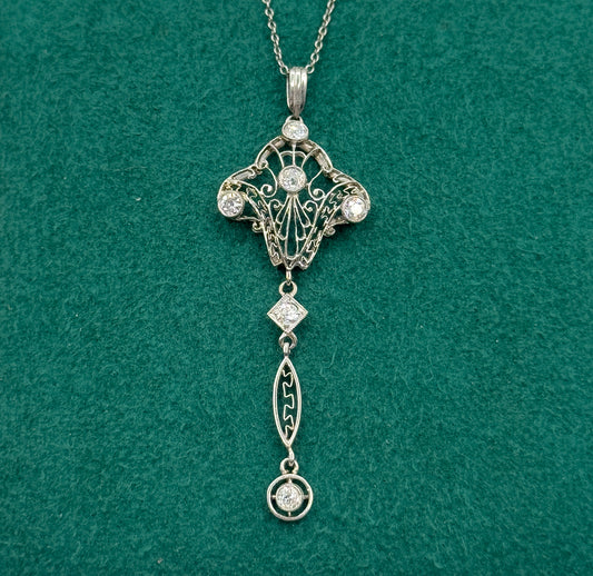 Edwardian Diamond Filigree Pendant Necklace in Platinum