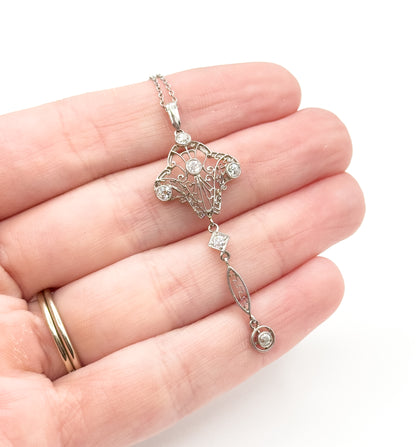 Edwardian Diamond Filigree Pendant Necklace in Platinum