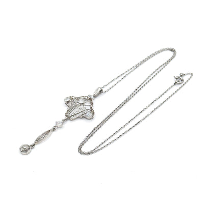 Edwardian Diamond Filigree Pendant Necklace in Platinum