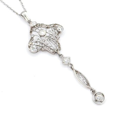 Edwardian Diamond Filigree Pendant Necklace in Platinum