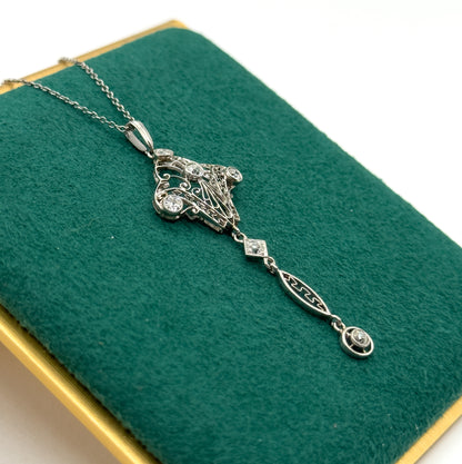 Edwardian Diamond Filigree Pendant Necklace in Platinum