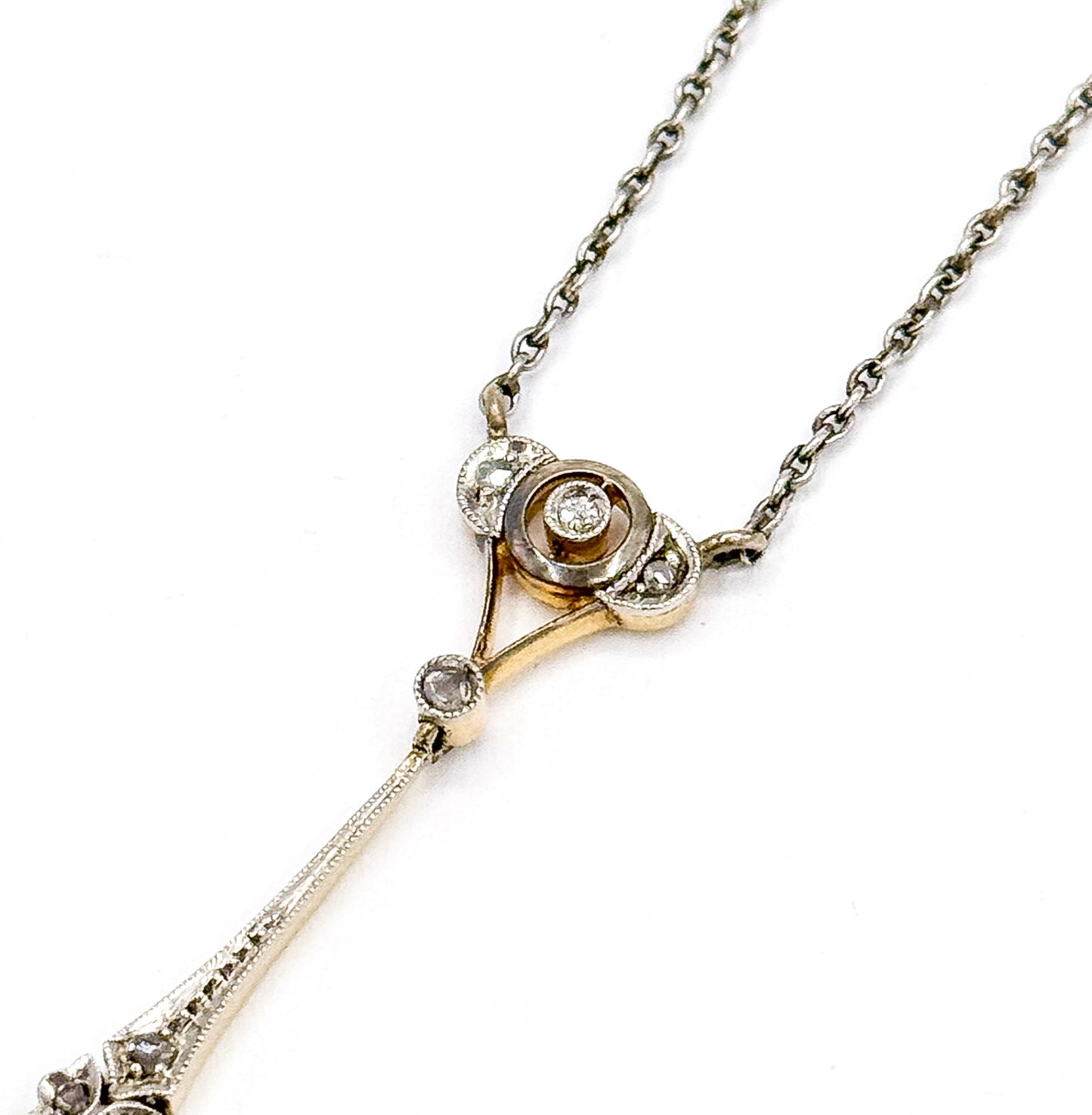 Edwardian Diamond Drop Pendant in Platinum & Gold on Sterling Chain