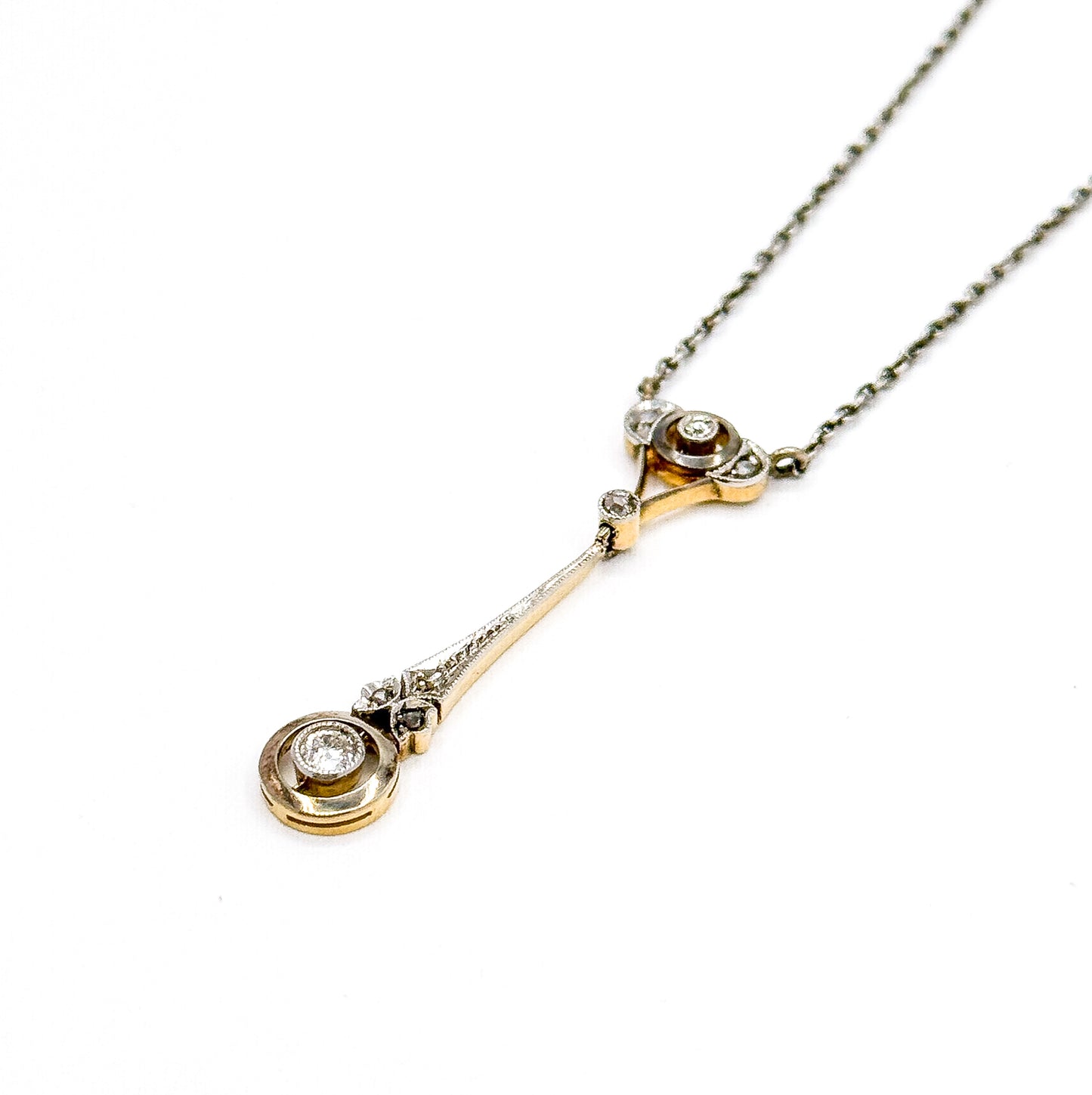 Edwardian Diamond Drop Pendant in Platinum & Gold on Sterling Chain
