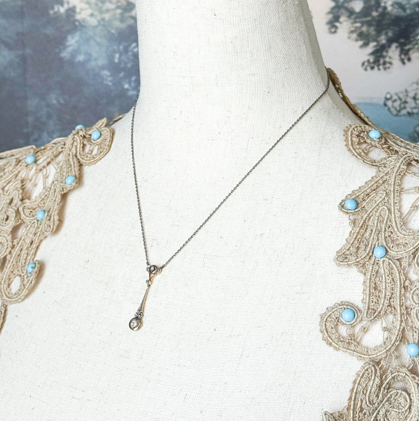 Edwardian Diamond Drop Pendant in Platinum & Gold on Sterling Chain