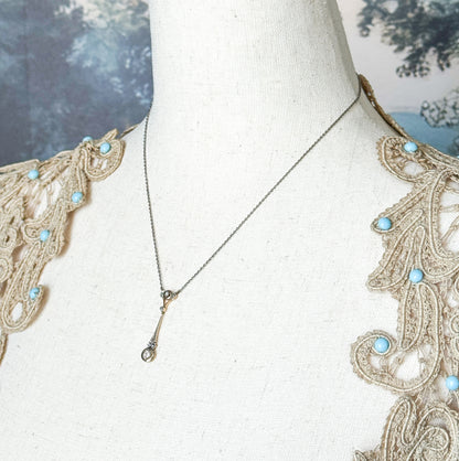 Edwardian Diamond Drop Pendant in Platinum & Gold on Sterling Chain