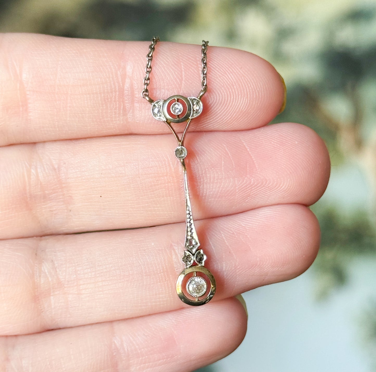 Edwardian Diamond Drop Pendant in Platinum & Gold on Sterling Chain