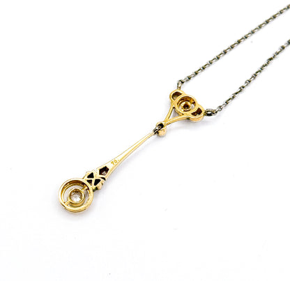 Edwardian Diamond Drop Pendant in Platinum & Gold on Sterling Chain