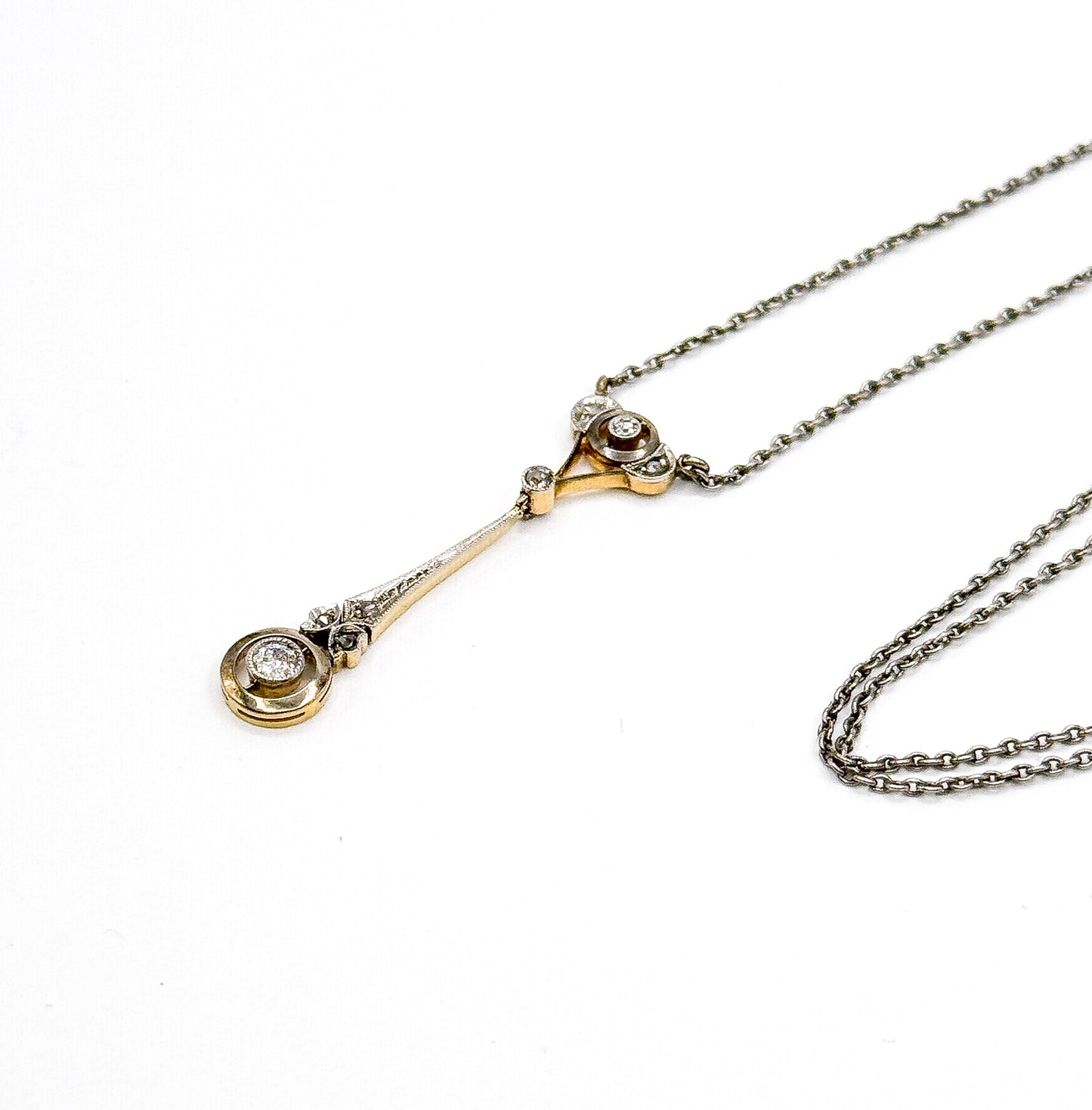 Edwardian Diamond Drop Pendant in Platinum & Gold on Sterling Chain