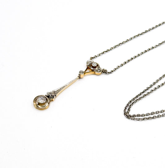 Edwardian Diamond Drop Pendant in Platinum & Gold on Sterling Chain