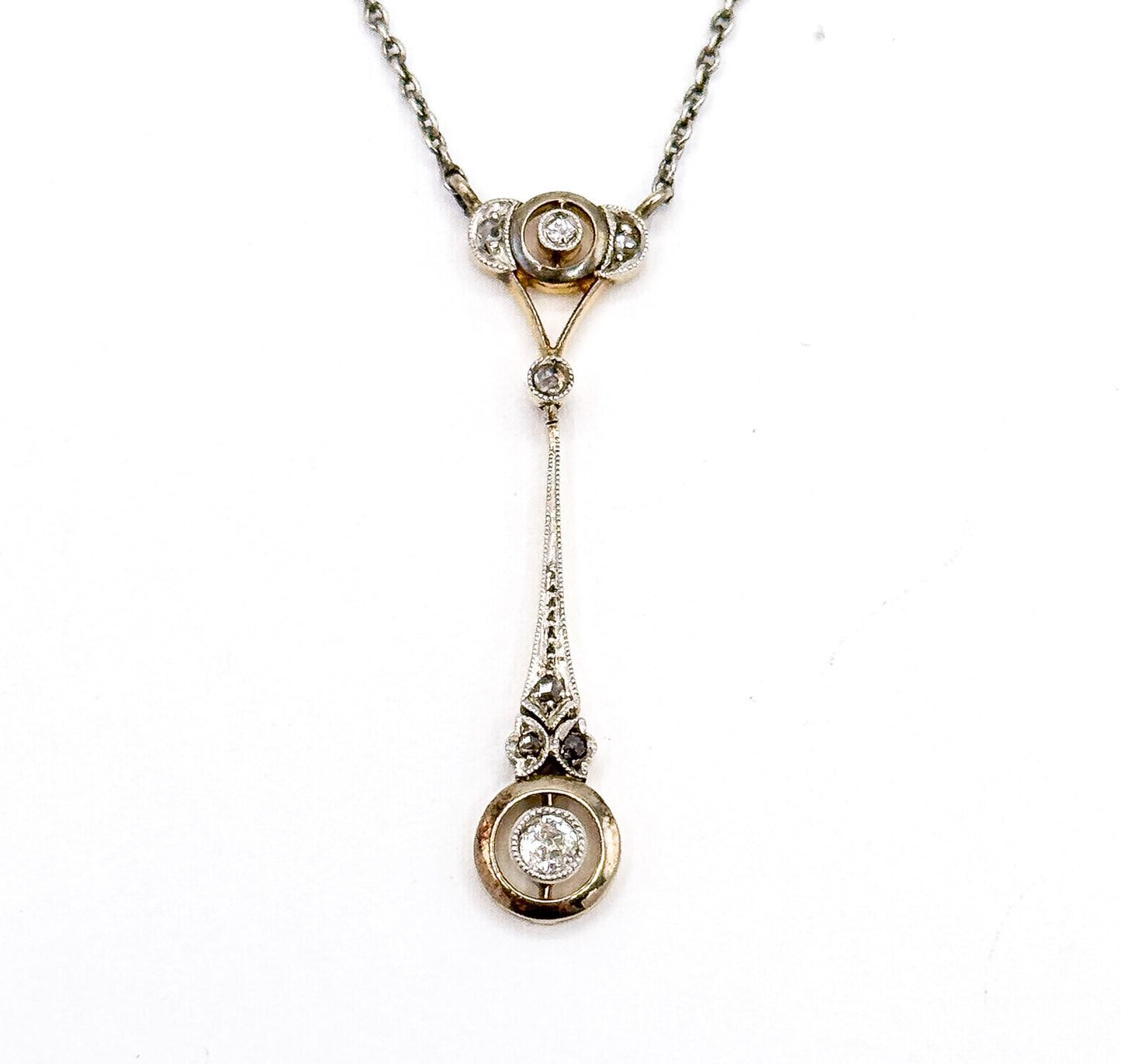 Edwardian Diamond Drop Pendant in Platinum & Gold on Sterling Chain