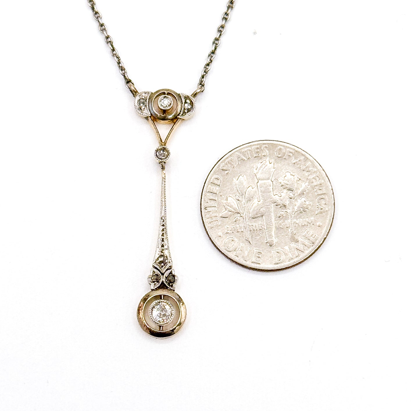 Edwardian Diamond Drop Pendant in Platinum & Gold on Sterling Chain