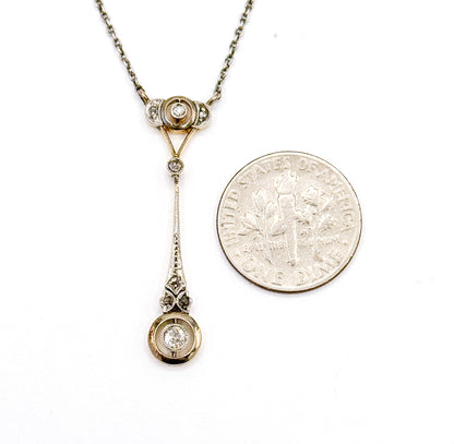Edwardian Diamond Drop Pendant in Platinum & Gold on Sterling Chain