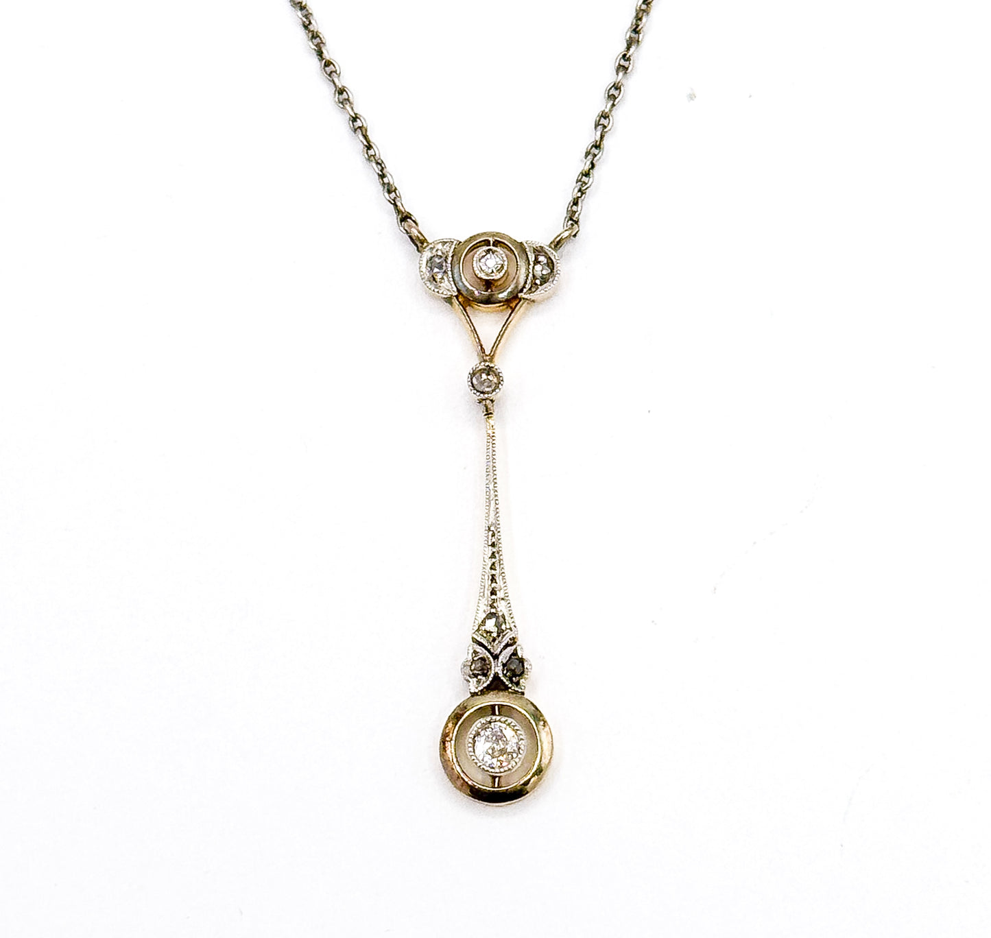 Edwardian Diamond Drop Pendant in Platinum & Gold on Sterling Chain
