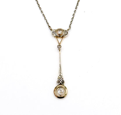 Edwardian Diamond Drop Pendant in Platinum & Gold on Sterling Chain