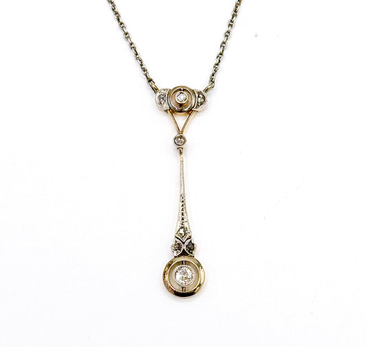 Edwardian Diamond Drop Pendant in Platinum & Gold on Sterling Chain