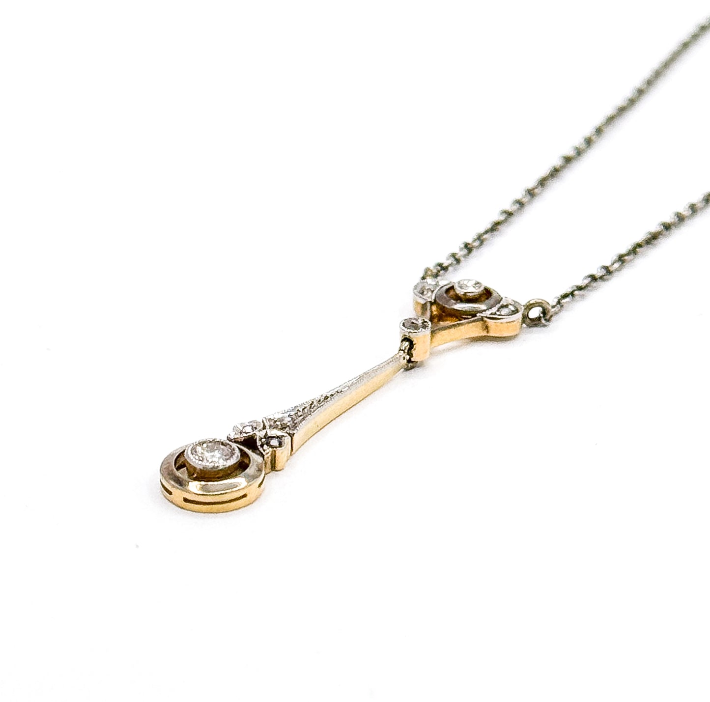 Edwardian Diamond Drop Pendant in Platinum & Gold on Sterling Chain