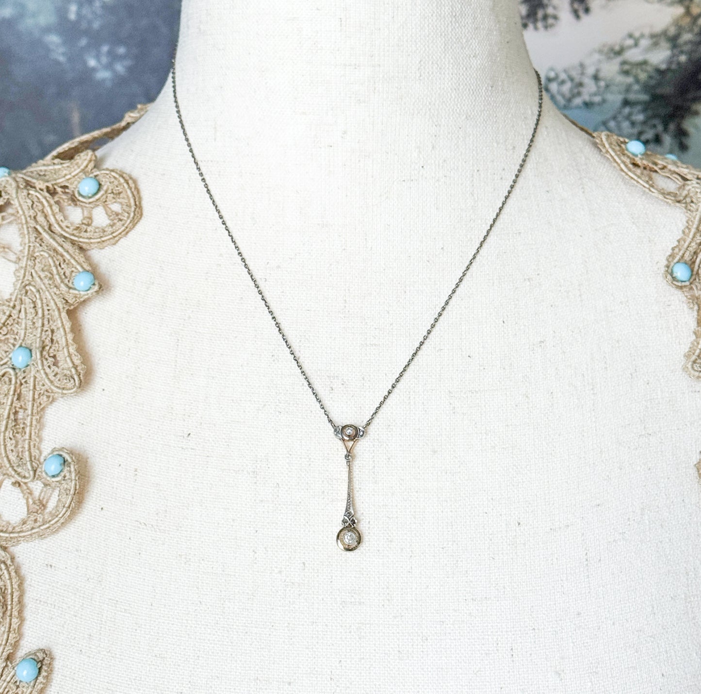 Edwardian Diamond Drop Pendant in Platinum & Gold on Sterling Chain
