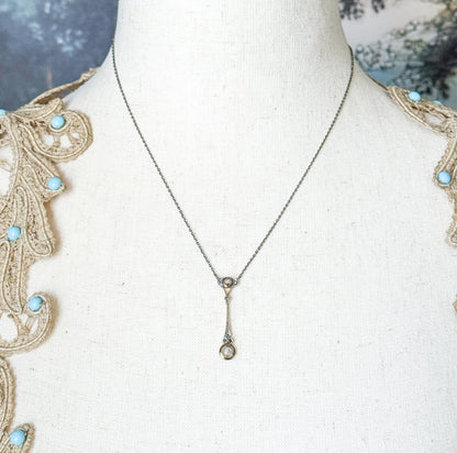 Edwardian Diamond Drop Pendant in Platinum & Gold on Sterling Chain