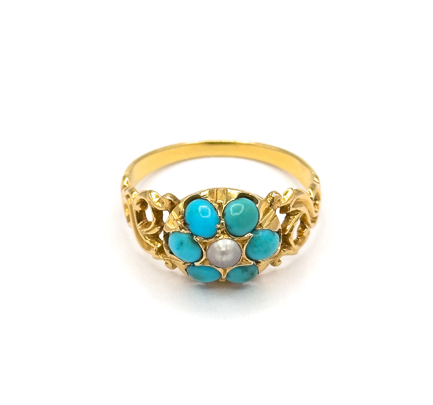 Victorian Turquoise & Pearl Flower Ring in 18K