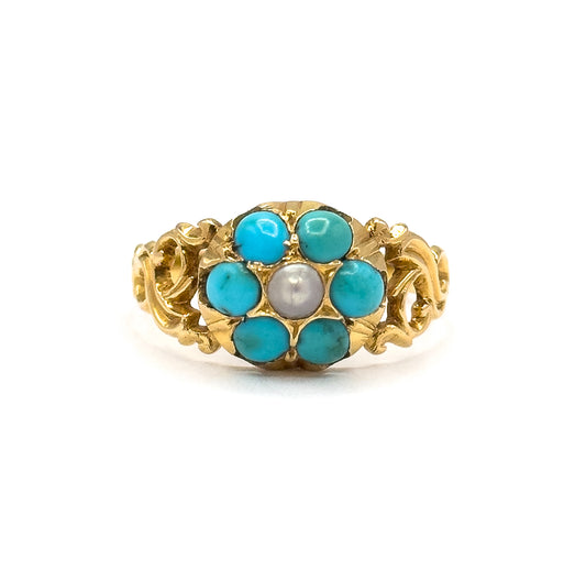 Victorian Turquoise & Pearl Flower Ring in 18K