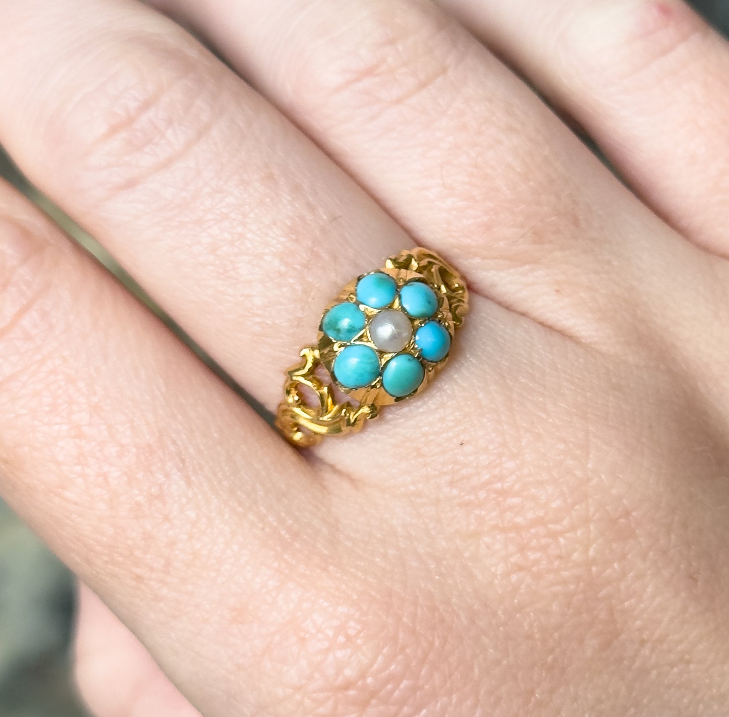 Victorian Turquoise & Pearl Flower Ring in 18K