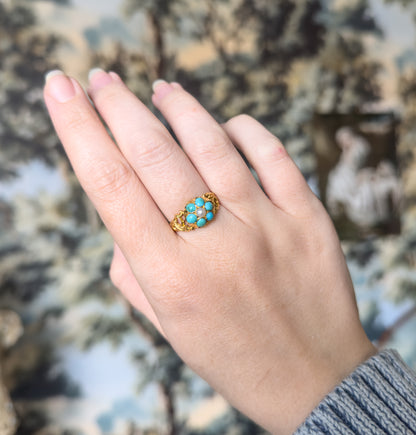 Victorian Turquoise & Pearl Flower Ring in 18K