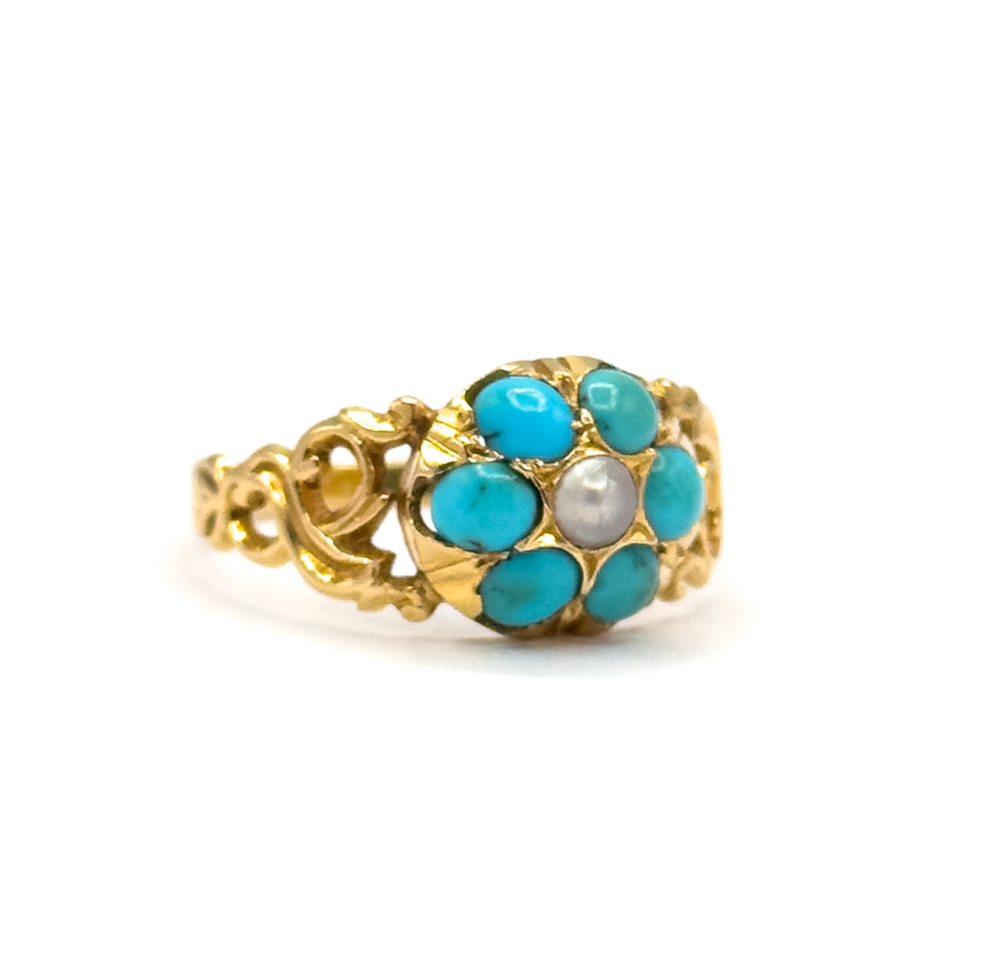 Victorian Turquoise & Pearl Flower Ring in 18K