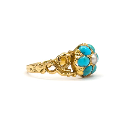 Victorian Turquoise & Pearl Flower Ring in 18K