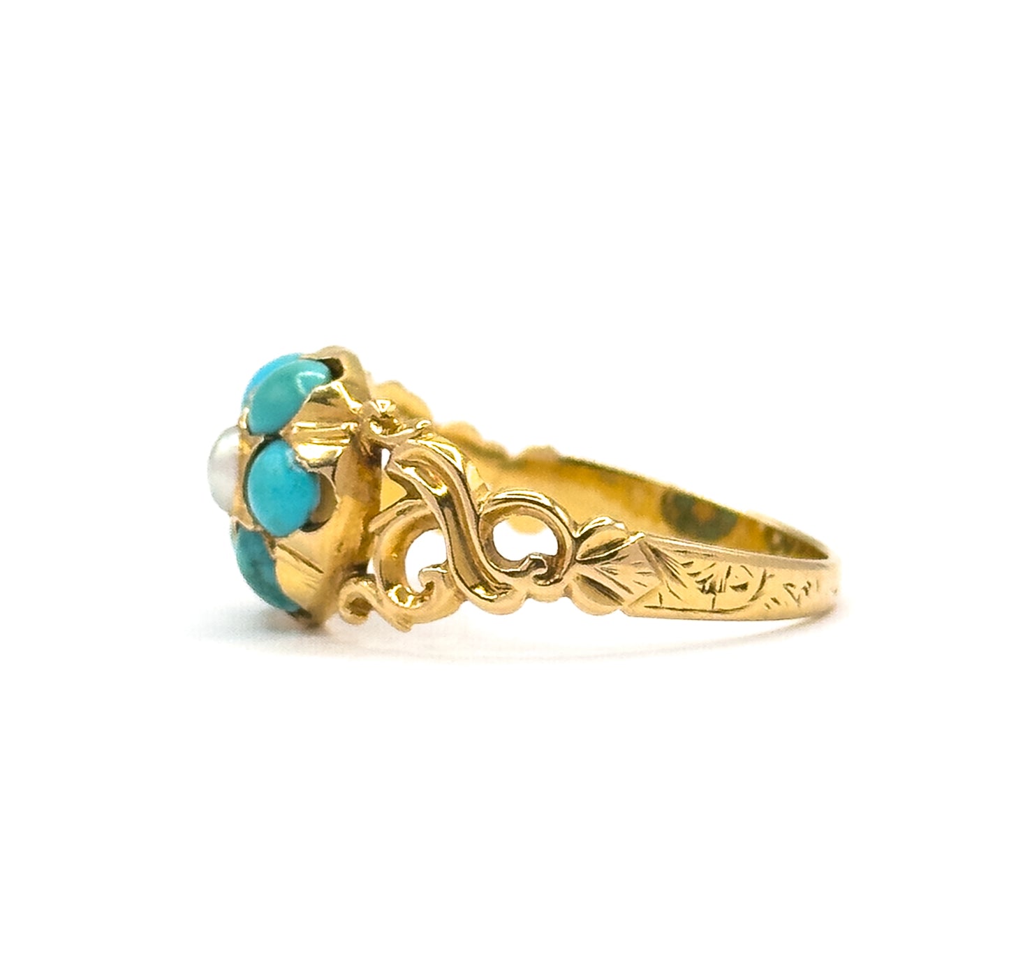 Victorian Turquoise & Pearl Flower Ring in 18K
