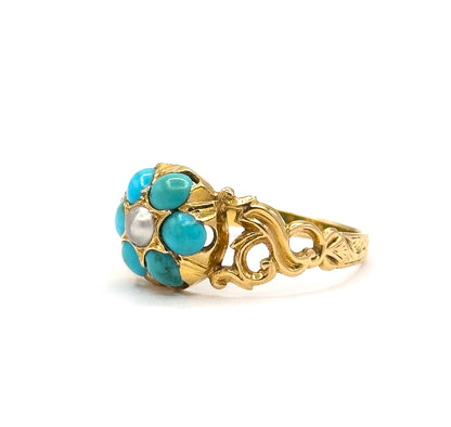 Victorian Turquoise & Pearl Flower Ring in 18K