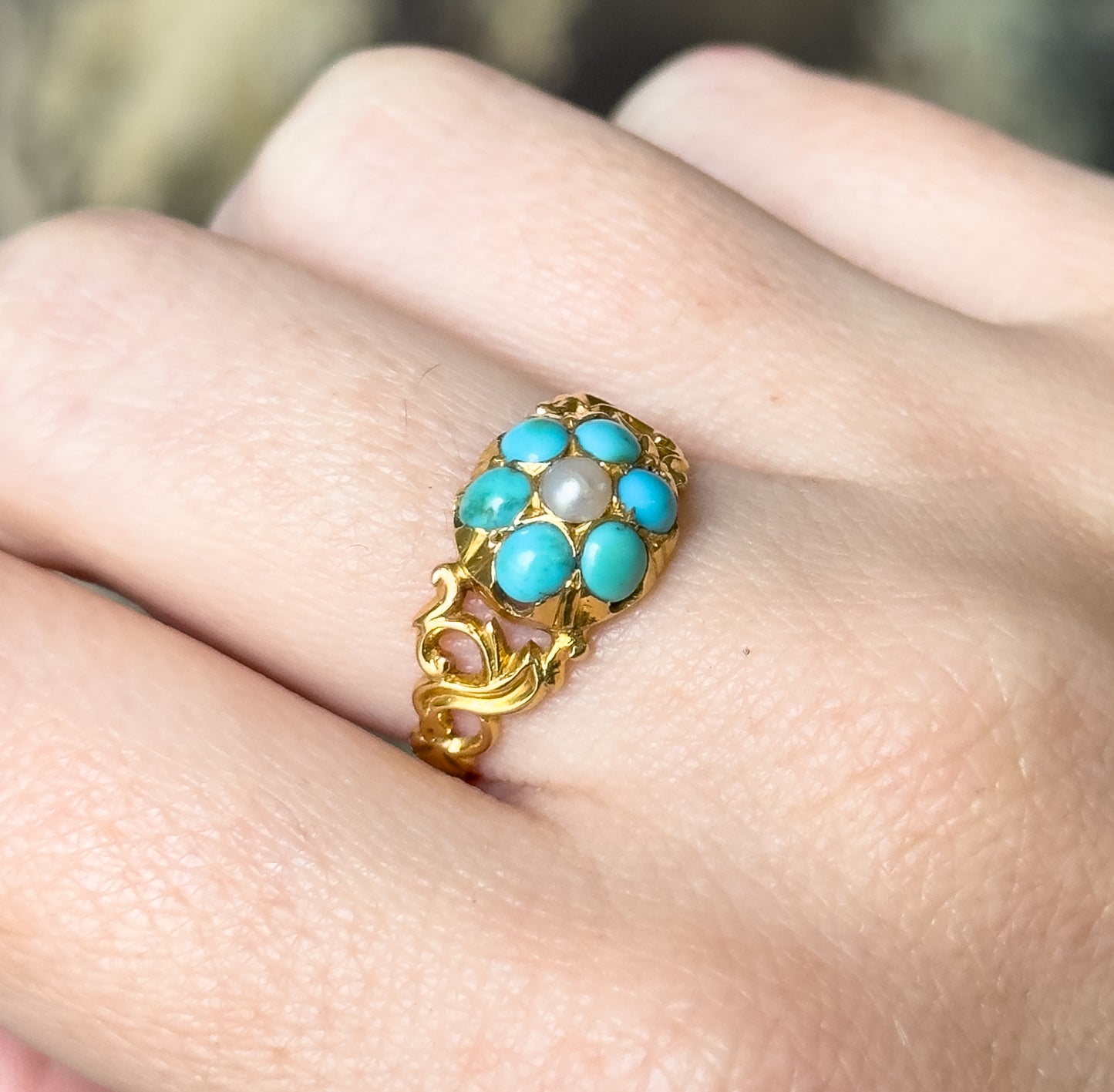 Victorian Turquoise & Pearl Flower Ring in 18K