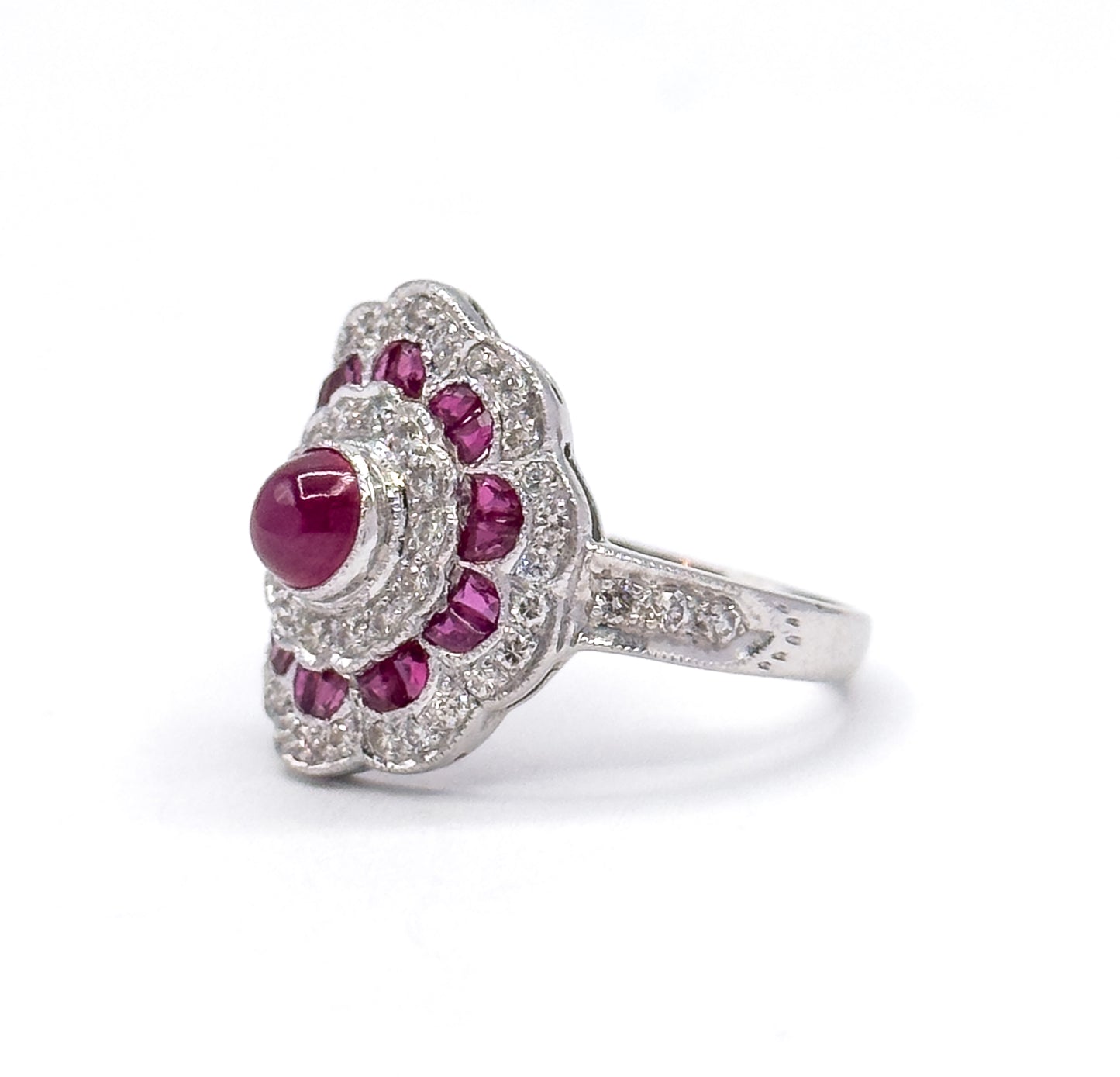 Vintage Ruby Cabochon & Diamond Flower ring in 18K White Gold