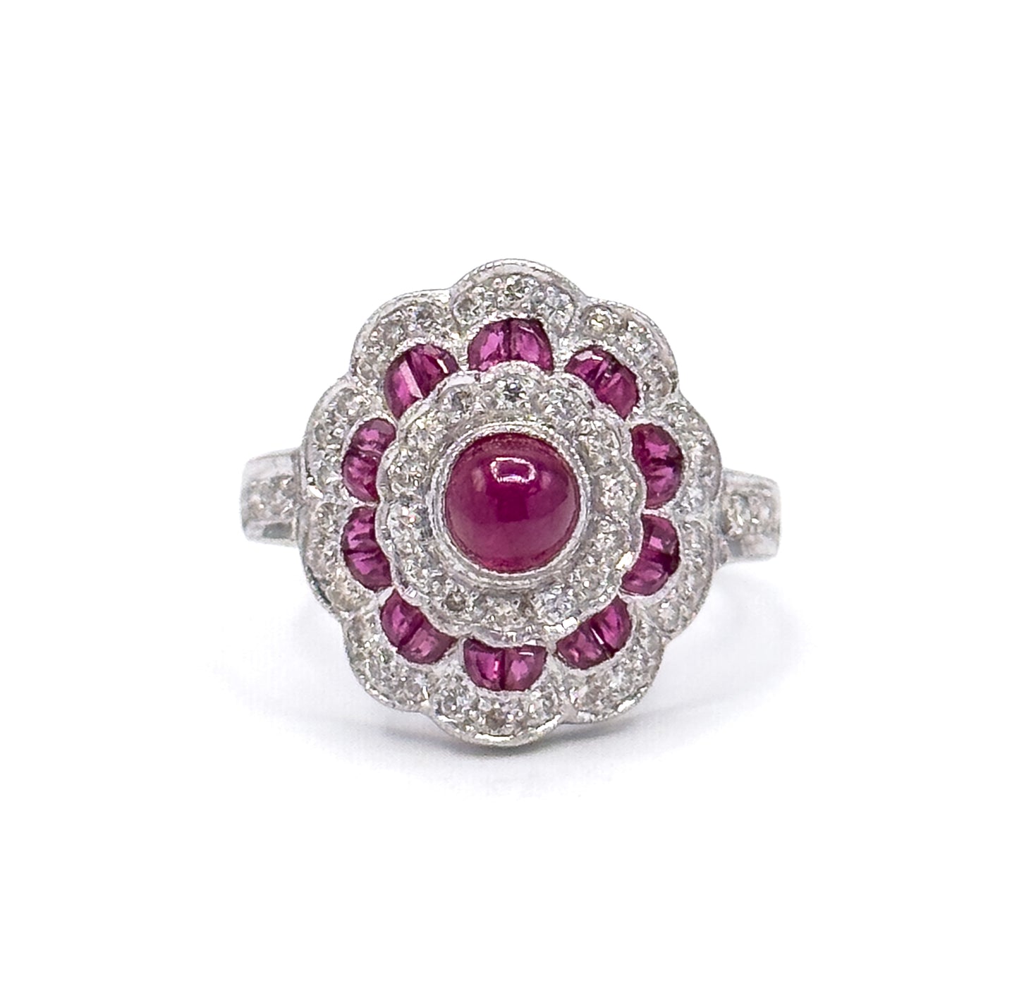 Vintage Ruby Cabochon & Diamond Flower ring in 18K White Gold