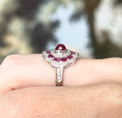 Vintage Ruby Cabochon & Diamond Flower ring in 18K White Gold