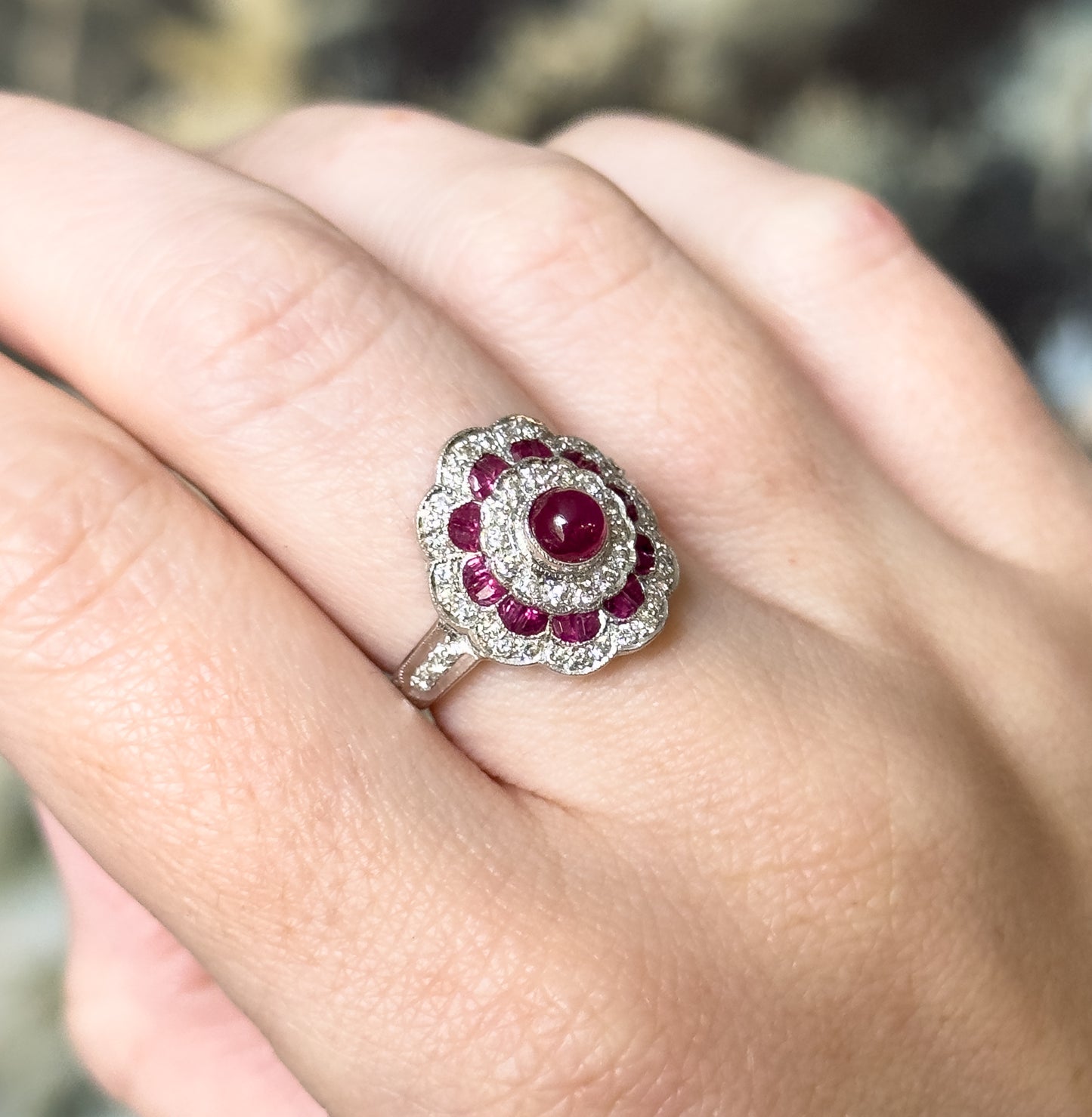 Vintage Ruby Cabochon & Diamond Flower ring in 18K White Gold