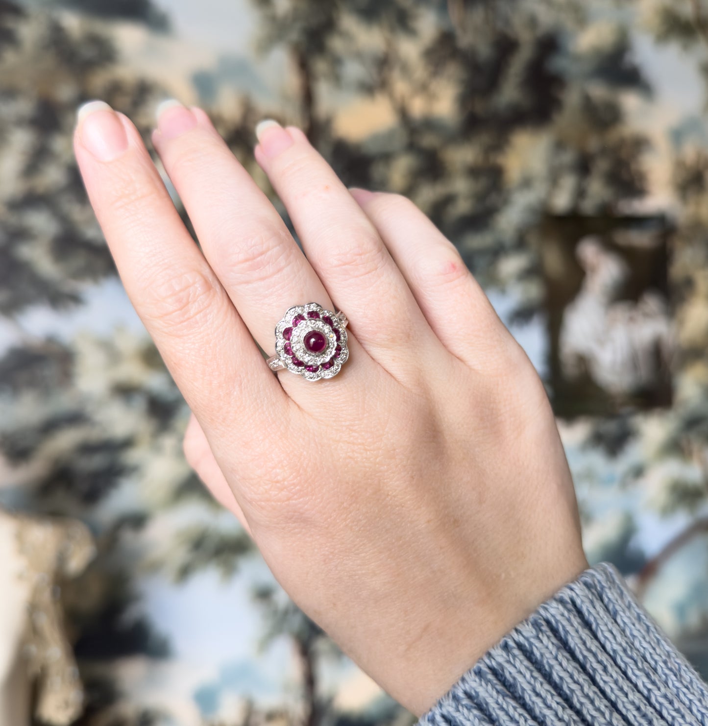 Vintage Ruby Cabochon & Diamond Flower ring in 18K White Gold