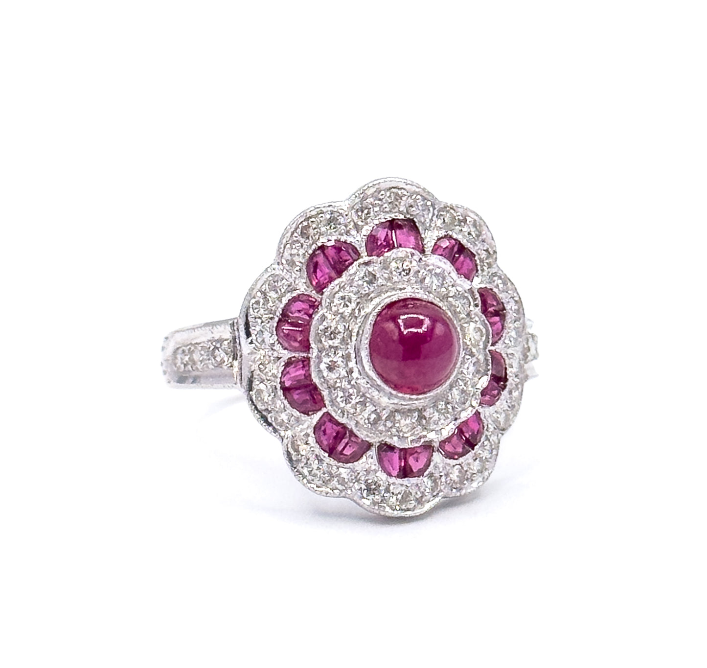 Vintage Ruby Cabochon & Diamond Flower ring in 18K White Gold