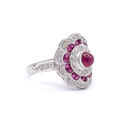 Vintage Ruby Cabochon & Diamond Flower ring in 18K White Gold
